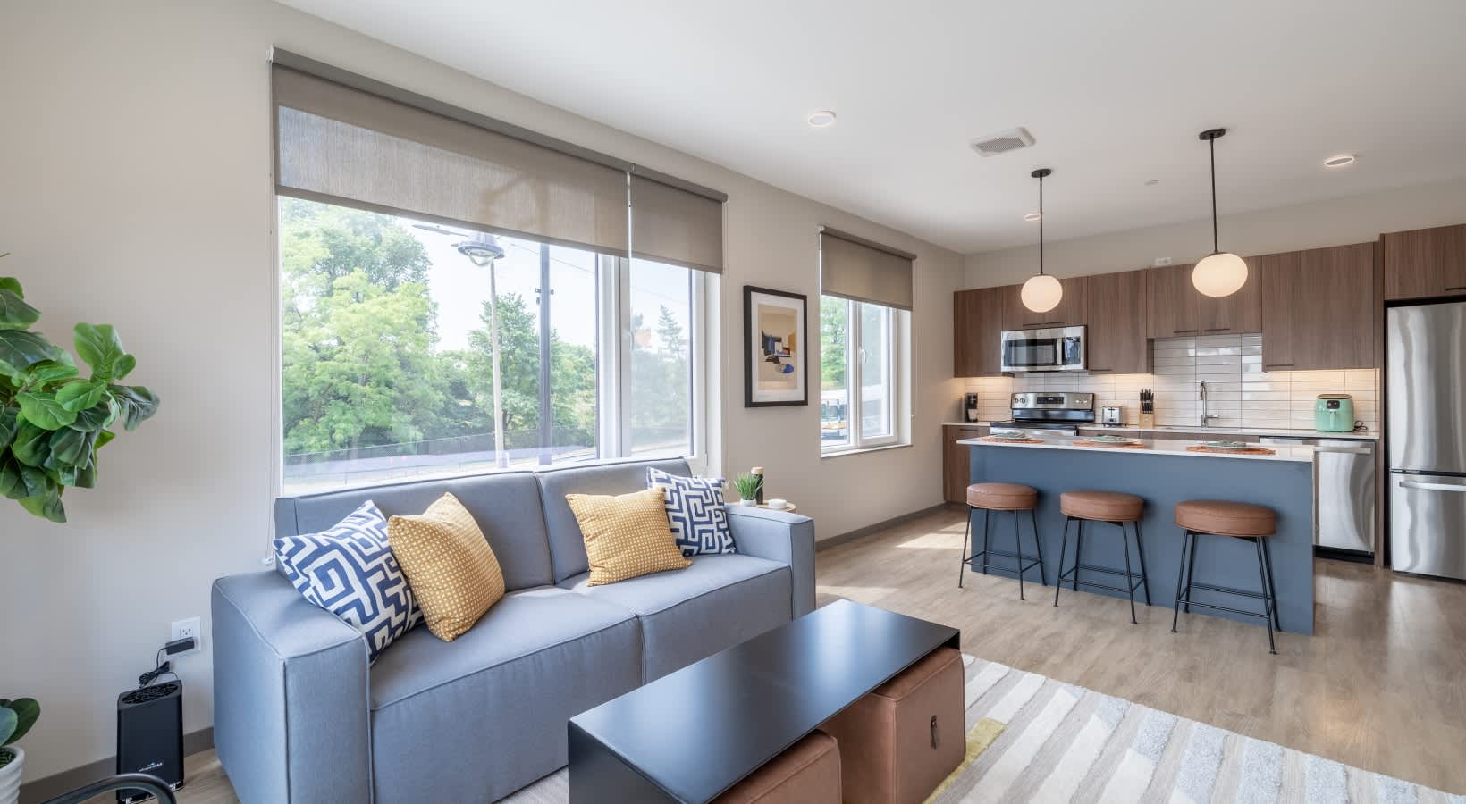 Bright modern living room with kitchen island in Allston, Boston
